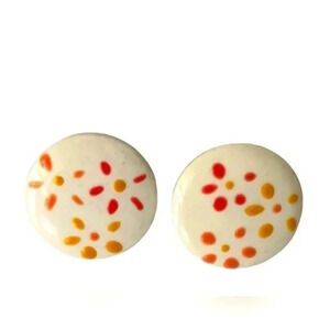 Vintage White Enamel Round Hand Painted Button Stud Earrings